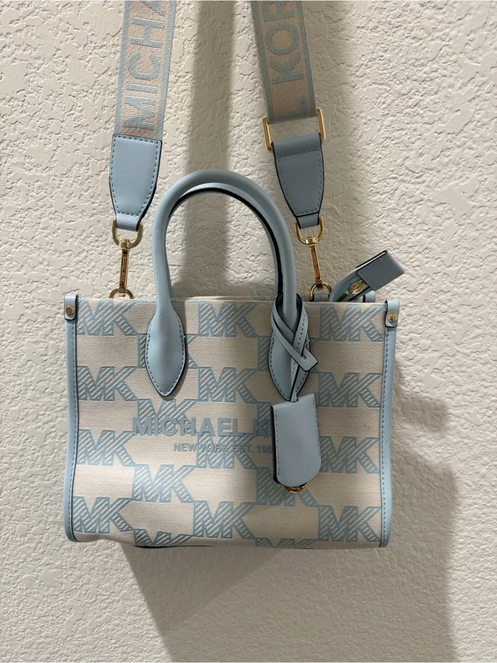 MICHAEL KORS Sky Blue and Cream MK Logo Satchel